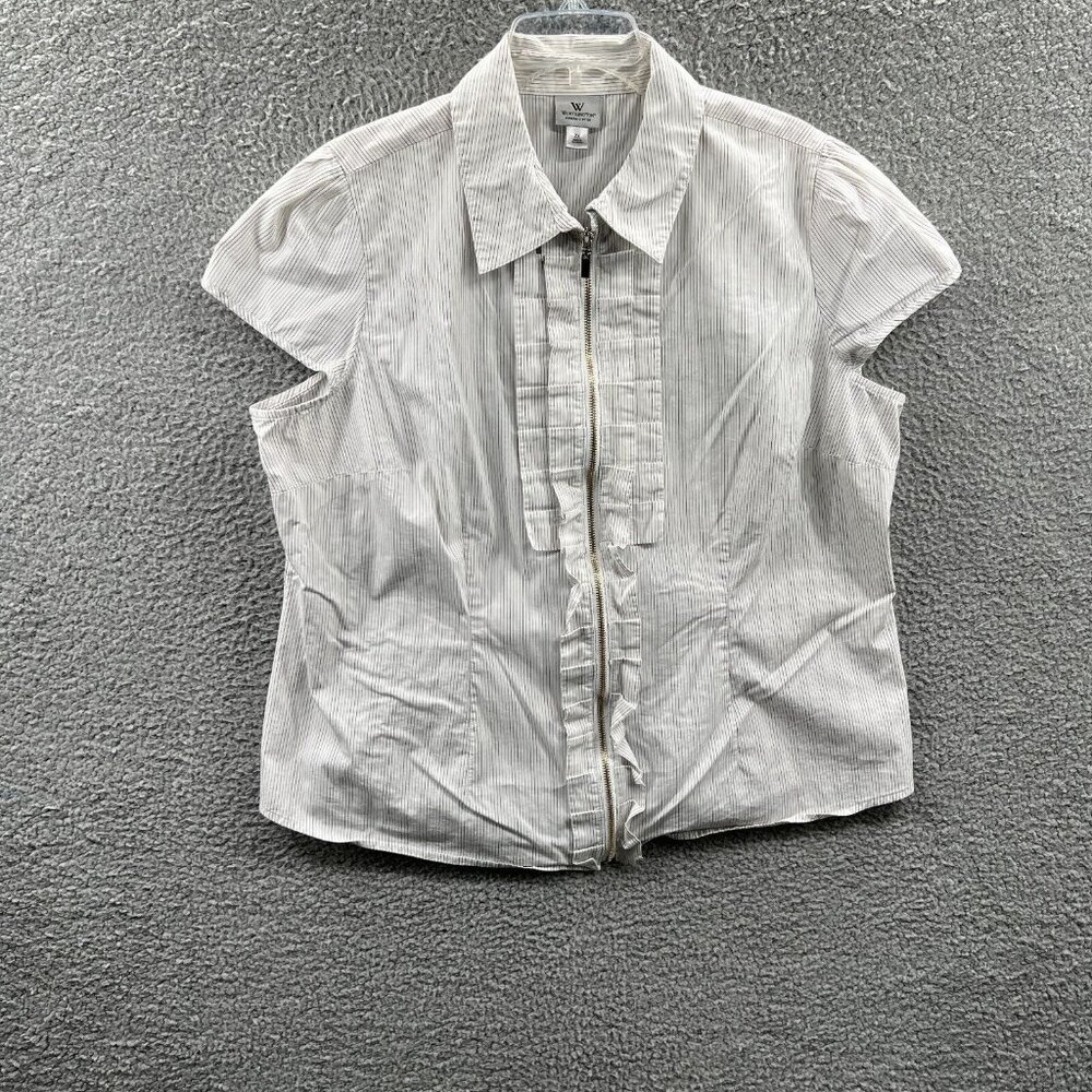 Worthington Womens Top 2X White Striped Short Sleeve Zip Front Shirt Stretch